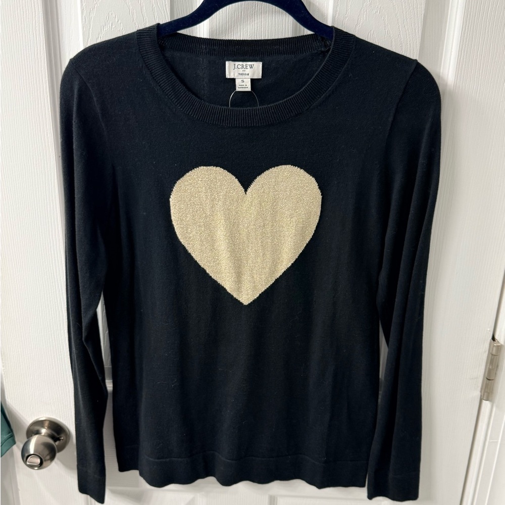 J. Crew Black Teddie Sweater with Gold Heart Accent
